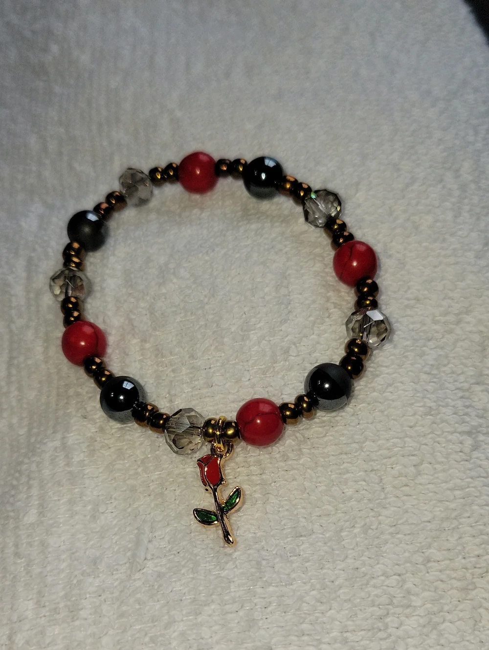Handmade Red & Black Beaded Rose Charm Bracelet